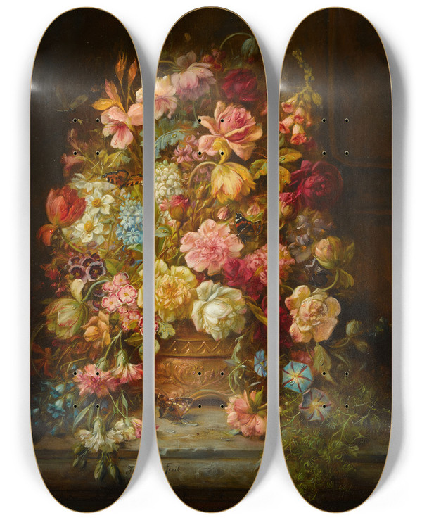 Triptych art skateboard deck of Hans Zatzka A Still Life With Flowers In A Jardiniere Resting On A Ledge by Hans Zatzka (1859-1945)