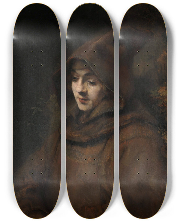 Triptych art skateboard deck of Rembrandt Van Rijn Titus In A Monks Habit by Rembrandt Van Rijn (1606-1669)