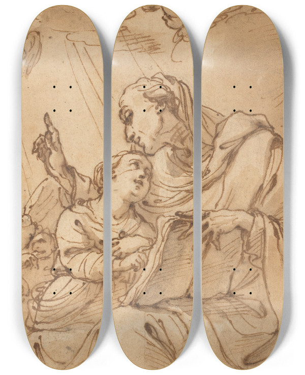 Triptych art skateboard deck of Ubaldo Gandolfi The Education Of The Virgin by Ubaldo Gandolfi (1728-1781)