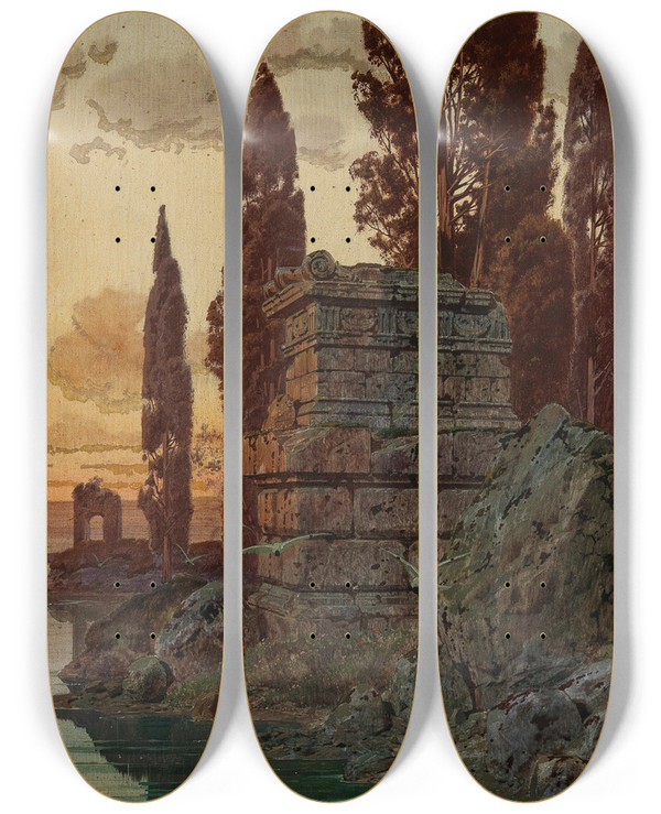 Triptych art skateboard deck of Ferdinand Knab Dusk On The Shore by Ferdinand Knab (1834-1902)