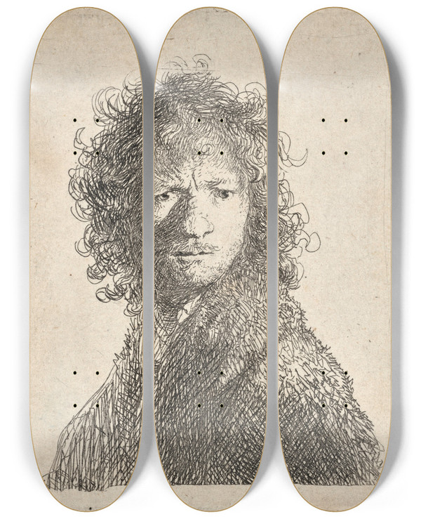 Triptych art skateboard deck of Rembrandt Van Rijn Selfportrait Frowning Bust by Rembrandt Van Rijn (1606-1669)