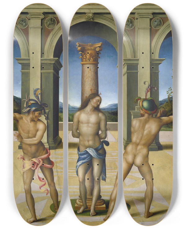 Triptych art skateboard deck of Bacchiacca The Flagellation Of Christ by Bacchiacca (1494-1557)