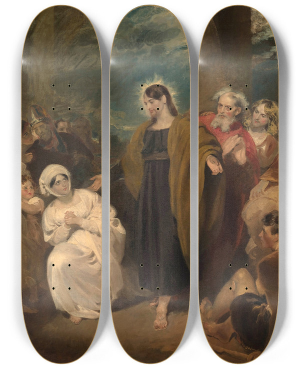 Triptych art skateboard deck of George Henry Harlow The Virtue Of Faith by George Henry Harlow (1787-1819)