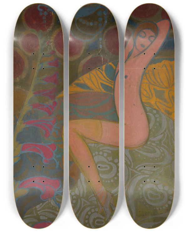 Triptych art skateboard deck of Kajetan Stefanowicz Woman And Flowers by Kajetan Stefanowicz (1876-1920)