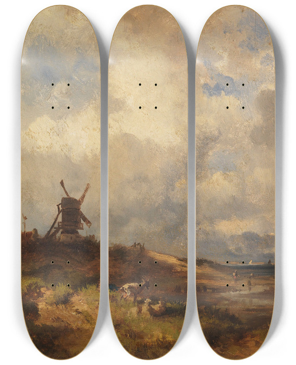 Triptych art skateboard deck of Adolf Heinrich Lier Kstenlandschaft Mit Windmhle by Adolf Heinrich Lier (1826-1882)