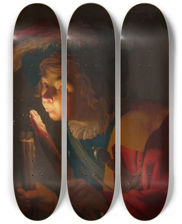 Triptych art skateboard deck of Gerard Van Honthorst A Boy Blowing On A Firebrand by Gerard Van Honthorst (1592-1656)