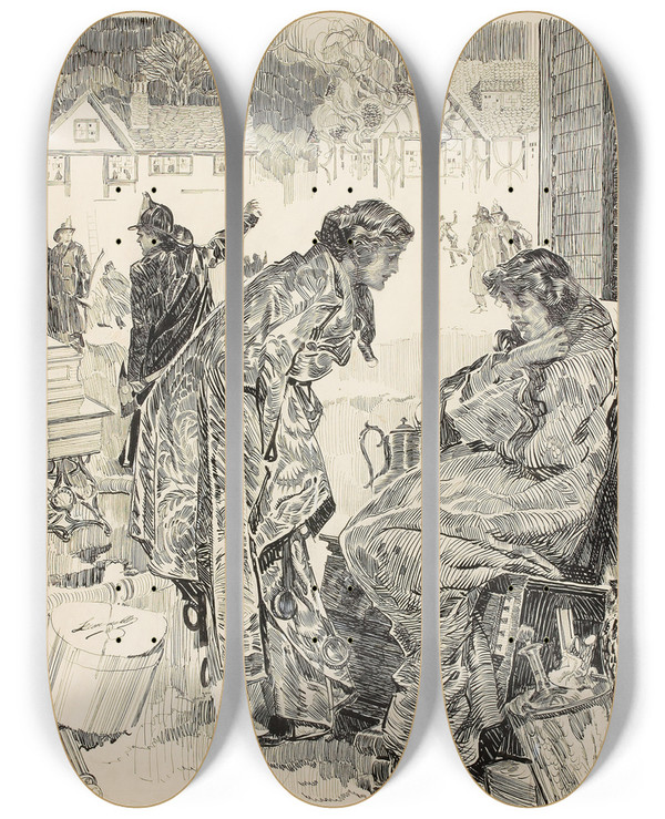Triptych art skateboard deck of Orson Byron Lowell A Philosopher by Orson Byron Lowell (1871-1956)