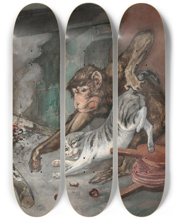 Triptych art skateboard deck of Charles Verlat Bertrand And Raton by Charles Verlat (1824-1890)
