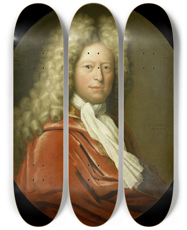 Triptych art skateboard deck of Pieter Van Der Werff Portrait Of Mr Brust by Pieter Van Der Werff (1665-1722)
