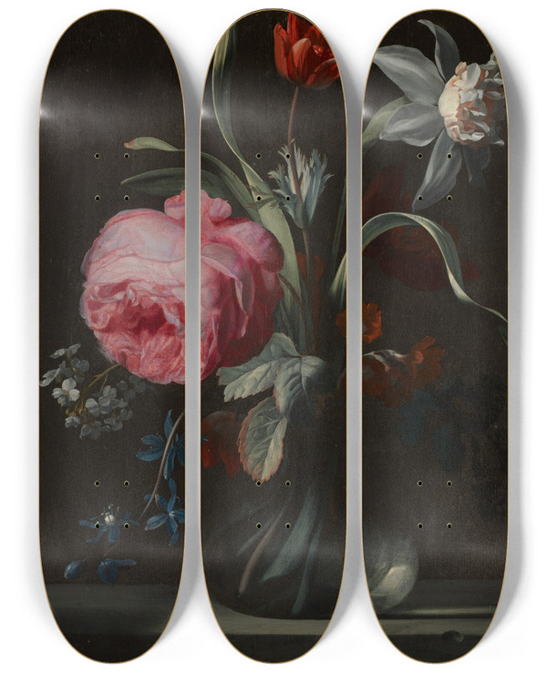 Triptych art skateboard deck of Simon Verelst Flowers In A Vase by Simon Verelst (1644-1721)