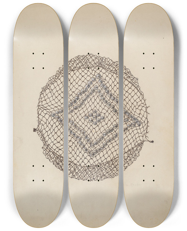 Triptych art skateboard deck of Stella Mosher Snood by Stella Mosher
