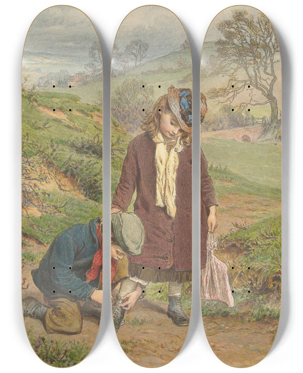 Triptych art skateboard deck of Robert Barnes Boy Tying A Girls Shoe by Robert Barnes (1840-1895)