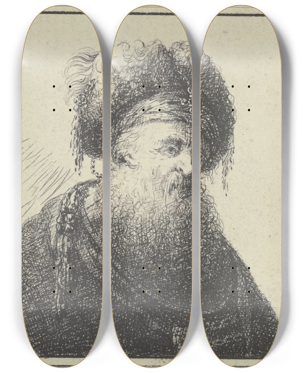 Triptych art skateboard deck of Johann Georg Trautmann Kopf Eines Orientalen Nach Rechts by Johann Georg Trautmann (1713-1769)
