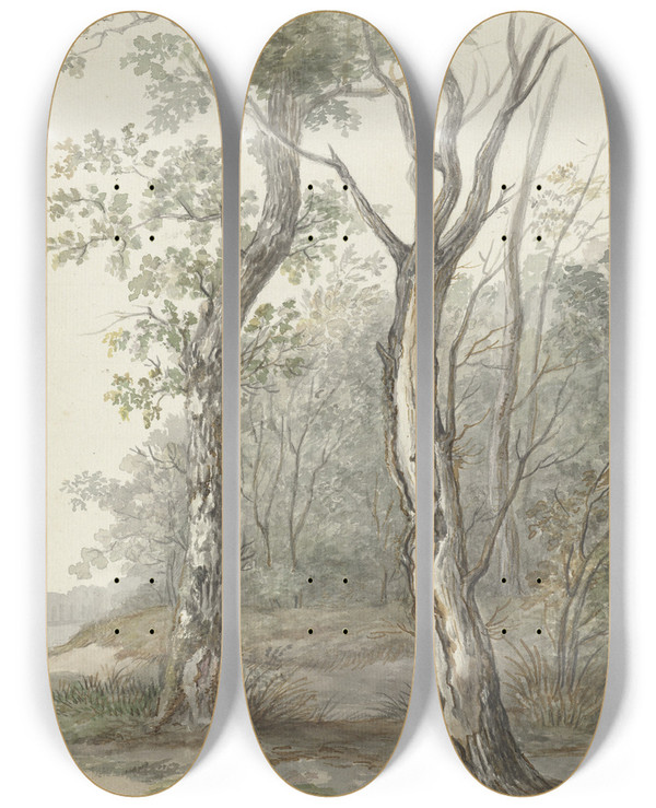 Triptych art skateboard deck of Jan Dasveldt Boslandschap by Jan Dasveldt (1770-1855)