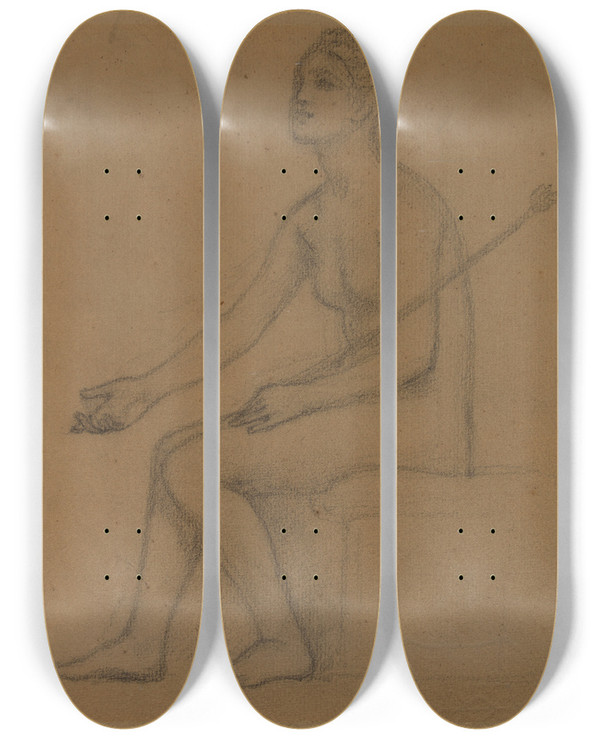 Triptych art skateboard deck of Pierre Puvis De Chavannes Femme Nue Assise De Profil Gauche by Pierre Puvis De Chavannes (1824-1898)