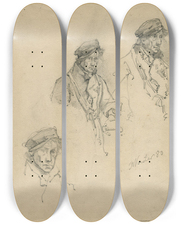 Triptych art skateboard deck of Floris Verster Man With Cap And Coat Three Studies by Floris Verster (1861-1927)