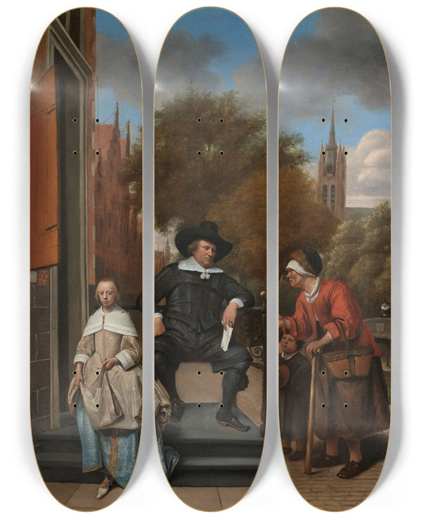 Triptych art skateboard deck of Jan Steen Adolf And Catharina Croeser Known As The Burgomaster Of Delft And His Daughter by Jan Steen (1626-1679)