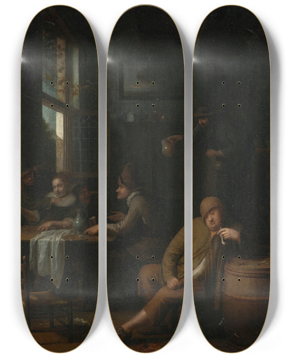 Triptych art skateboard deck of Pieter Harmensz Verelst A Tavern Interior With Figures Drinking At A Table And A Man Smoking A Pipe by Pieter Harmensz Verelst (1618-1668)