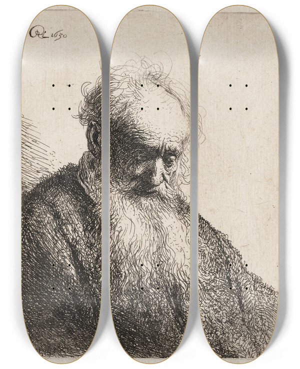 Triptych art skateboard deck of Rembrandt Van Rijn Old Man With A Flowing Beard by Rembrandt Van Rijn (1606-1669)