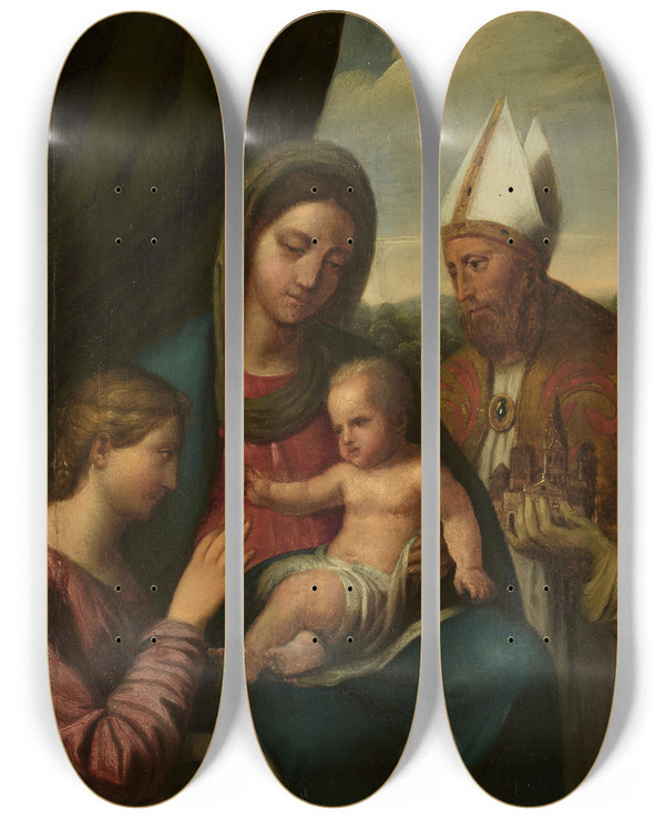 Triptych art skateboard deck of Giovanni Da Udine Mystical Marriage Of St Catherine by Giovanni da Udine