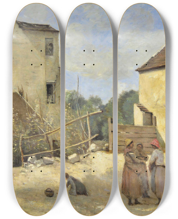Triptych art skateboard deck of Jeanbaptistecamille Corot Trois Paysannes Causant Dans Une Cour Rustique by Jean-Baptiste-Camille Corot (1796-1875)