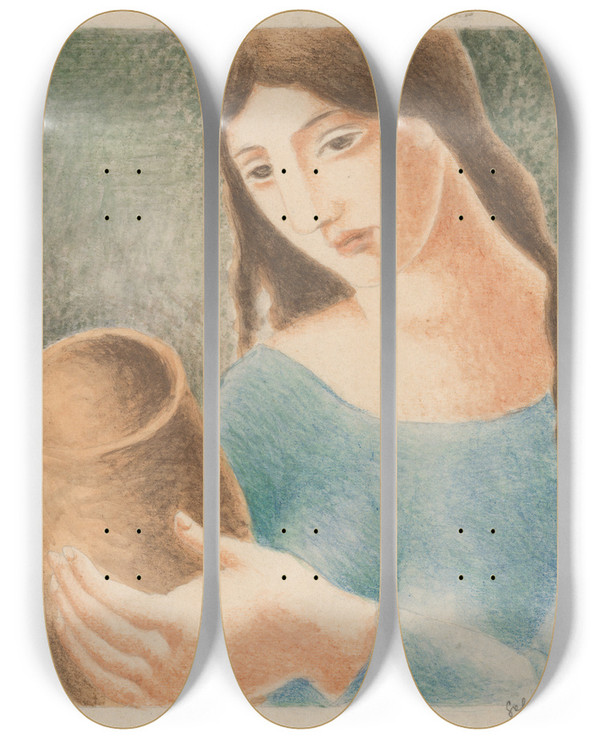 Triptych art skateboard deck of Mikul Galanda Woman With A Vase_2 by Mikulas Galanda (1895-1938)