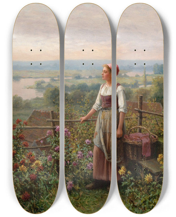 Triptych art skateboard deck of Daniel Ridgway Knight Evening At Chantemesle by Daniel Ridgway Knight (1839-1924)