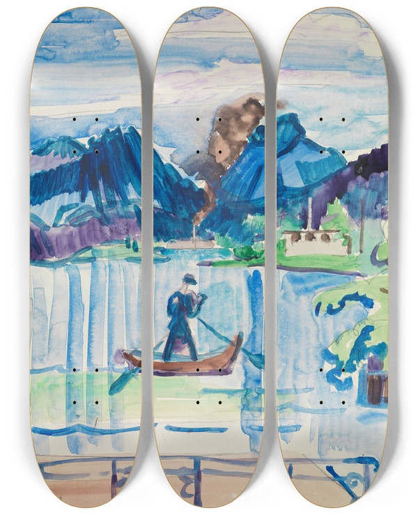 Triptych art skateboard deck of Ernst Ludwig Kirchner Bergsee Mit Ruderer by Ernst Ludwig Kirchner (1880-1938)
