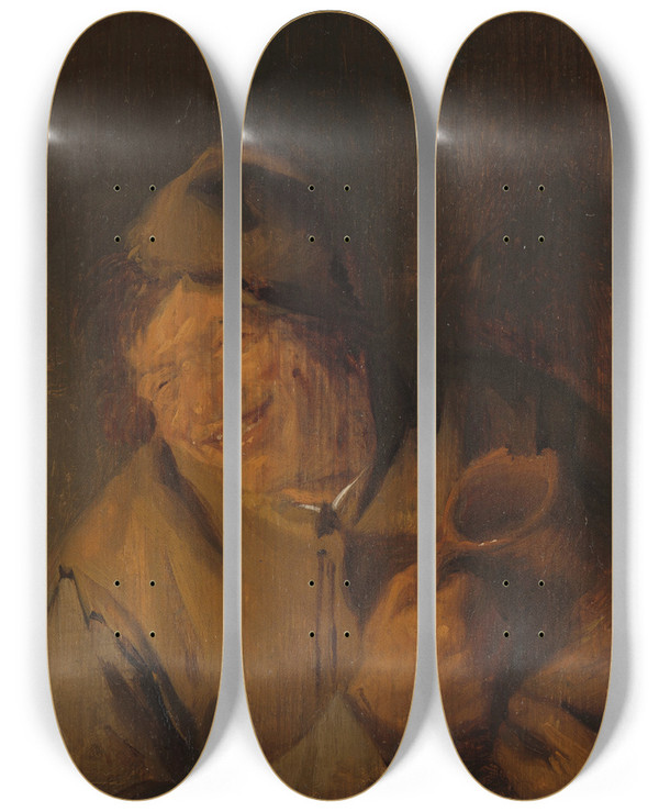 Triptych art skateboard deck of Adriaen Van Ostade The Merry Peasant by Adriaen Van Ostade (1610-1684)