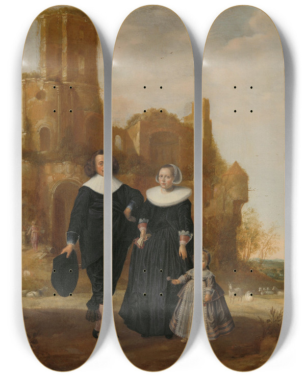 Triptych art skateboard deck of Herman Meynderts Doncker Portrait Of A Couple With Their Child In A Landscape by Herman Meynderts Doncker (17-)
