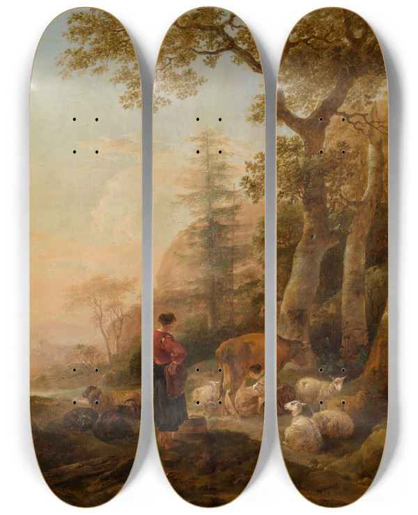 Triptych art skateboard deck of Nicolaes Pietersz Berchem Italian Landscape_6 by Nicolaes Pietersz Berchem (1620-1683)