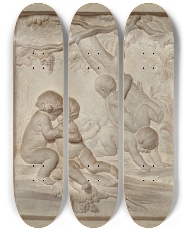 Triptych art skateboard deck of Jacob De Wit Putti In A Landscape by Jacob de Wit (1695-1754)
