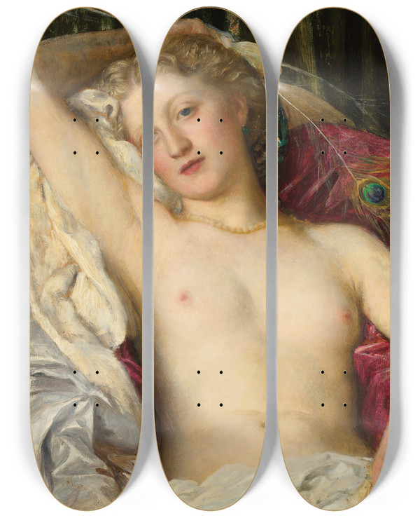 Triptych art skateboard deck of George Frederic Watts A Study With The Peacocks Feathers by George Frederic Watts (1817-1904)