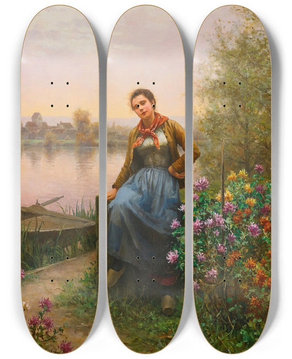 Triptych art skateboard deck of Daniel Ridgway Knight On The Rivers Edge by Daniel Ridgway Knight (1839-1924)