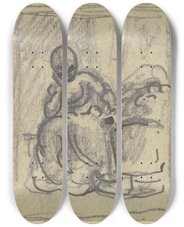 Triptych art skateboard deck of Philipp Rumpf Frau Mit Aufgesttztem Kopf An Einer Wiege Sitzend by Philipp Rumpf (1821-1896)