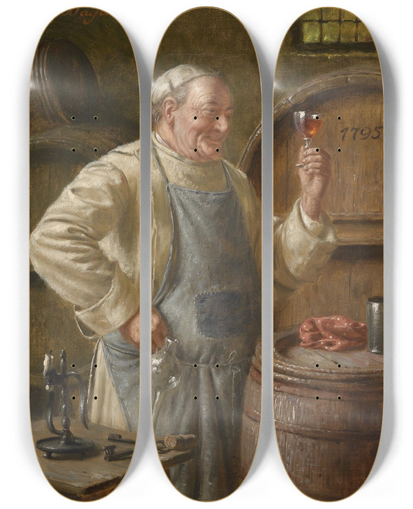 Triptych art skateboard deck of Fritz Wagner Ein Guter Schluck by Fritz Wagner (1896-1939)
