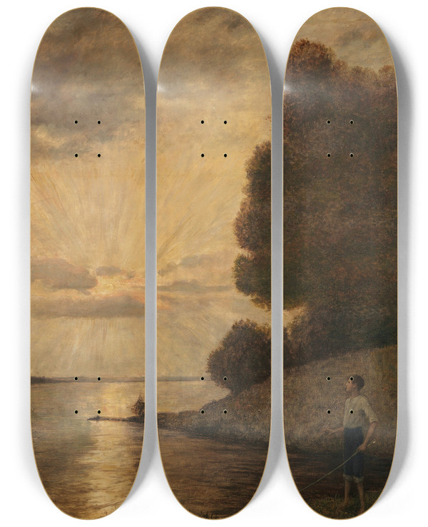 Triptych art skateboard deck of Hans Thoma Sonnenuntergang Am Oberrhein by Hans Thoma (1839-1924)