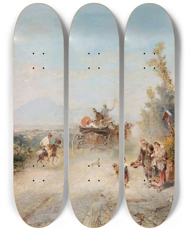 Triptych art skateboard deck of Franz Richard Unterberger The Road To Pompeii by Franz Richard Unterberger (1838-1902)