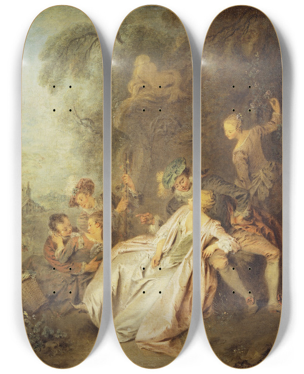 Triptych art skateboard deck of Jeanbaptiste Pater Fte Galante With Six Figures Near A Fountain by Jean-Baptiste Pater (1695-1736)