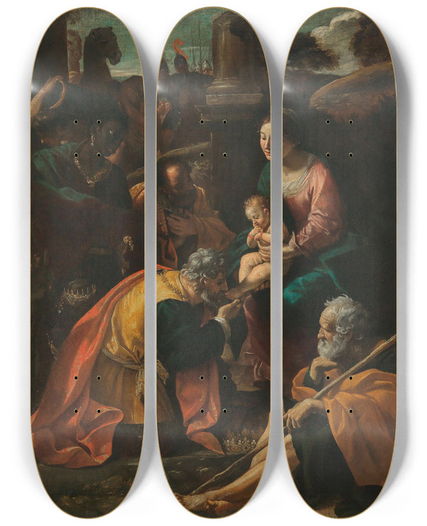 Triptych art skateboard deck of Giovanni Lanfranco The Adoration Of The Magi by Giovanni Lanfranco (1582-1647)
