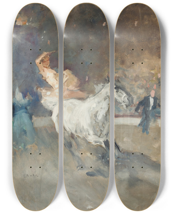Triptych art skateboard deck of Brynolf Wennerberg Zirkusreiterin In Der Manege by Brynolf Wennerberg (1866-1950)