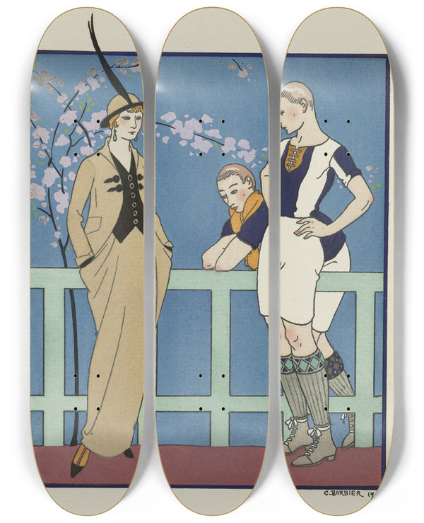 Triptych art skateboard deck of George Barbier Rugby Costume Tailleur De Redfern by George Barbier (1882-1932)