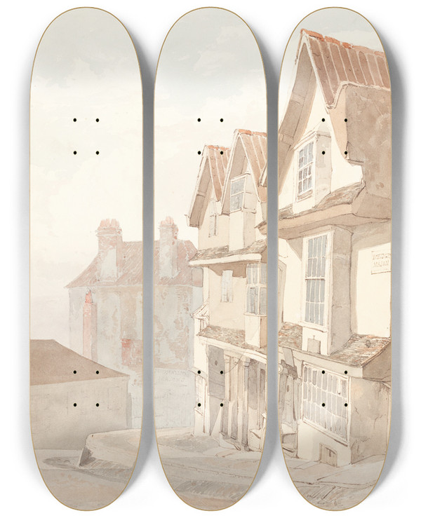 Triptych art skateboard deck of Robert Dixon Street With Buildings by Robert Dixon (1780-1815)