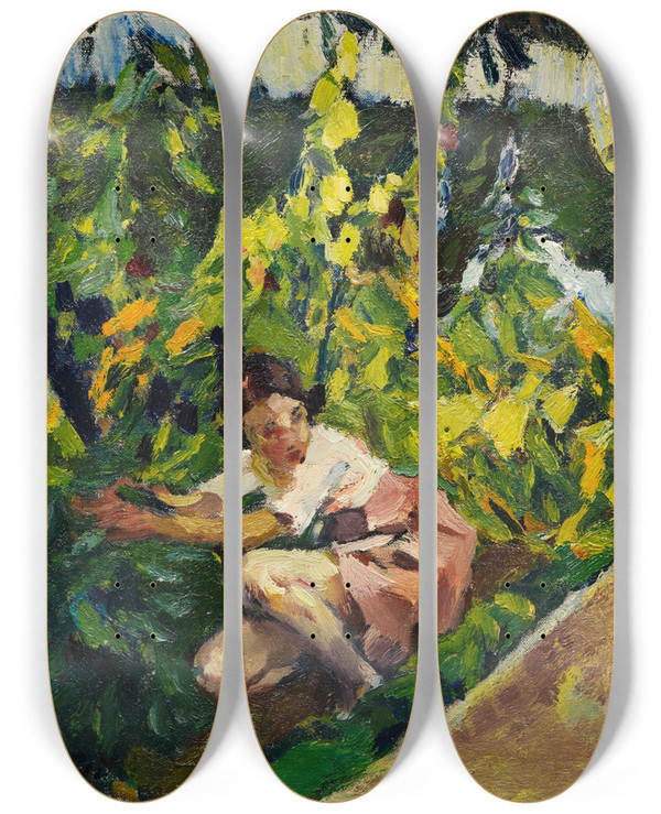 Triptych art skateboard deck of Leo Putz Toni Im Blumenbeet by Leo Putz (1869-1940)
