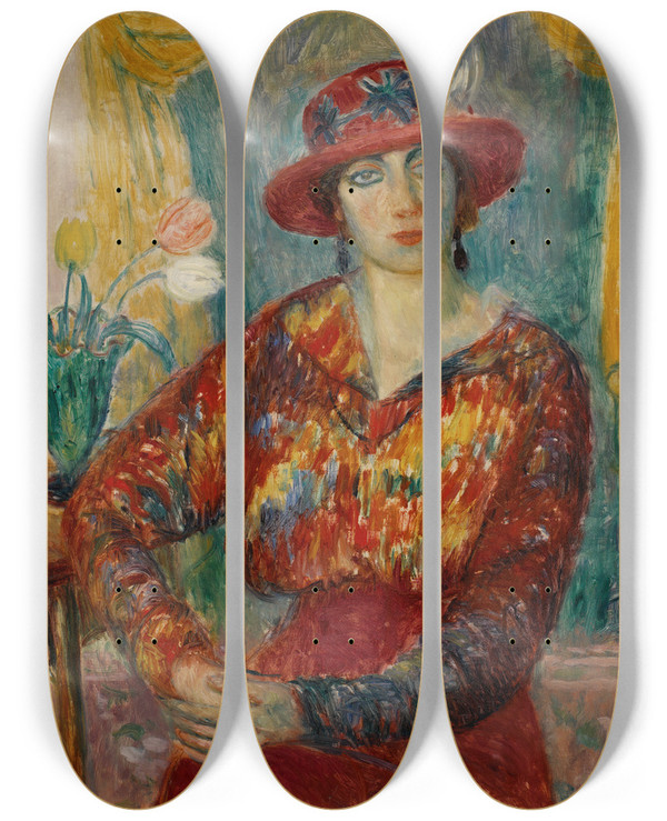 Triptych art skateboard deck of William James Glackens Woman In Red Blouse With Tulips by William James Glackens (1870-1938)