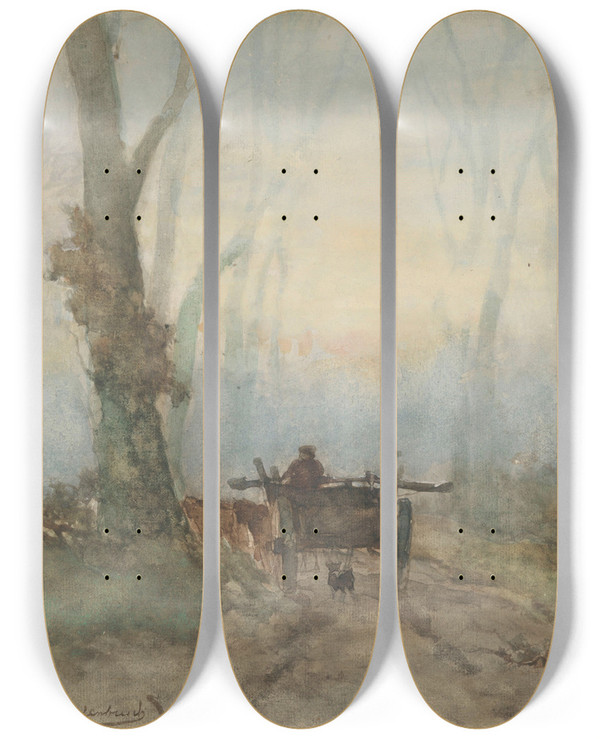 Triptych art skateboard deck of Johan Hendrik Weissenbruch Boerenkar Op Bosweg by Johan Hendrik Weissenbruch (1824-1903)