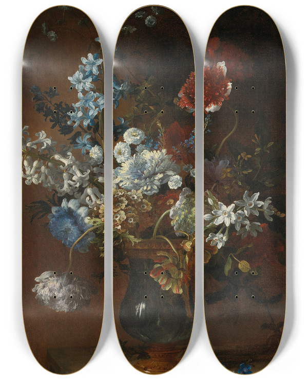 Triptych art skateboard deck of Jeanbaptiste Monnoyer Still Life With Flowers In A Vase by Jean-Baptiste Monnoyer (1636-1699)
