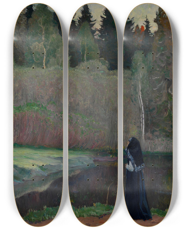 Triptych art skateboard deck of Mikhail Nesterov The Nightingale Is Singing by Mikhail Nesterov (1862-1942)