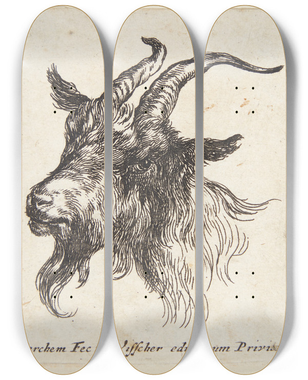 Triptych art skateboard deck of Nicolaes Pietersz Berchem Gedehoved Vendt Mod Venstre by Nicolaes Pietersz Berchem (1620-1683)