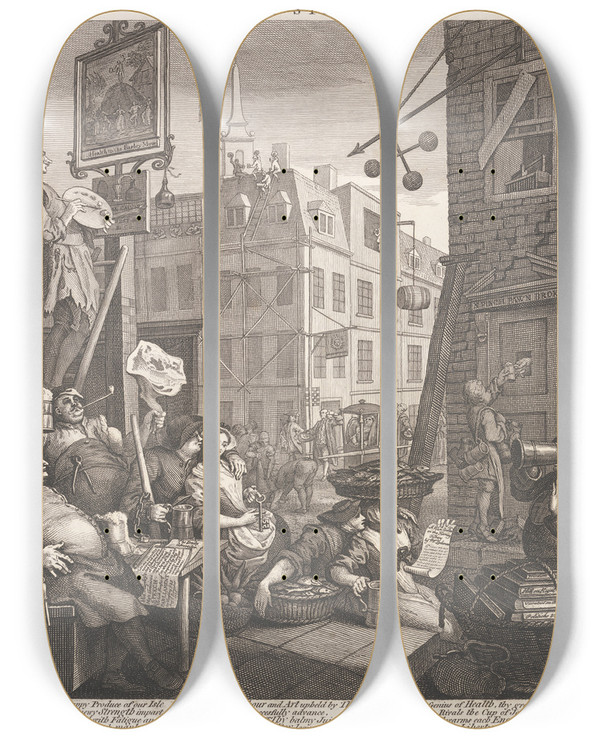 Triptych art skateboard deck of William Hogarth Beer Street by William Hogarth (1697-1764)